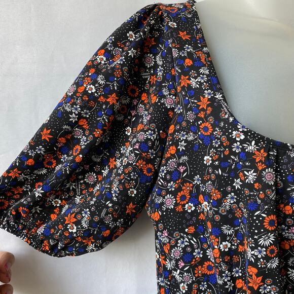 BCBGeneration Puff Sleeve Boho Floral Dress 8 Blue Orange Cottagecore Ruffle Hem - Picture 8 of 13